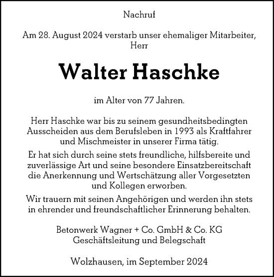 Traueranzeige von Walter Haschke von Hinterländer Anzeiger