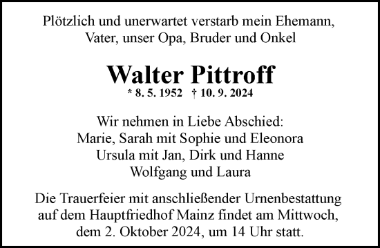 Traueranzeige von Walter Pittroff von Allgemeine Zeitung Mainz