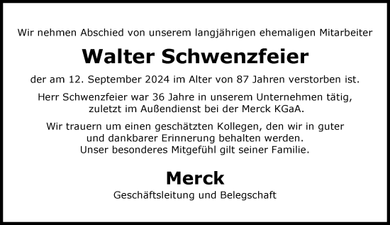 Traueranzeige von Walter Schwenzfeier von Darmstädter Echo