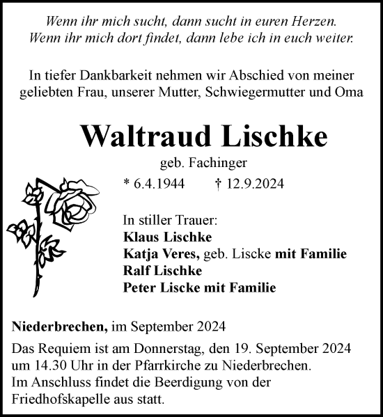 Traueranzeige von Waltraud Lischke von Nassauische Neue Presse