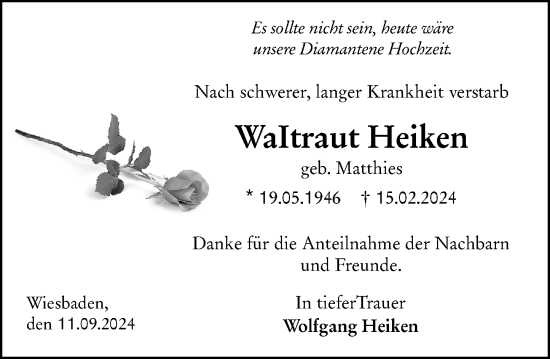 Traueranzeige von Waltraut Heiken von Wiesbadener Kurier