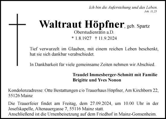 Traueranzeige von Waltraut Höpfner von Allgemeine Zeitung Mainz