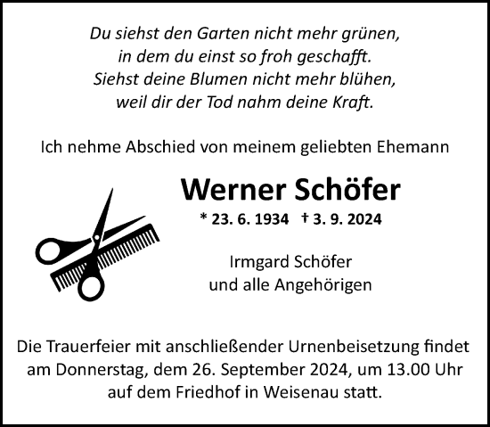 Traueranzeige von Werner Schöfer von Allgemeine Zeitung Mainz
