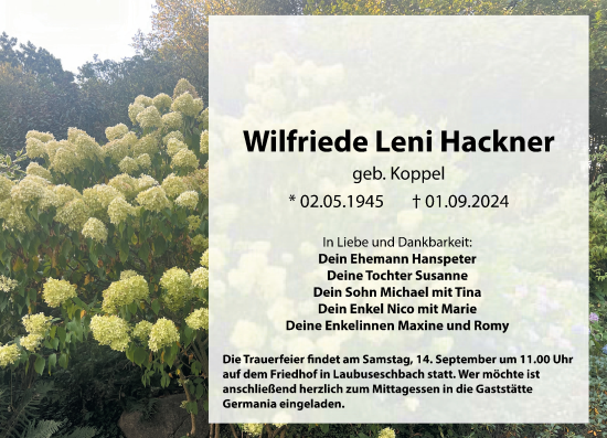 Traueranzeige von Wilfriede Leni Hackner von Weilburger Tageblatt