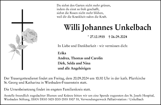 Traueranzeige von Willi Johannes Unkelbach von Wiesbadener Kurier