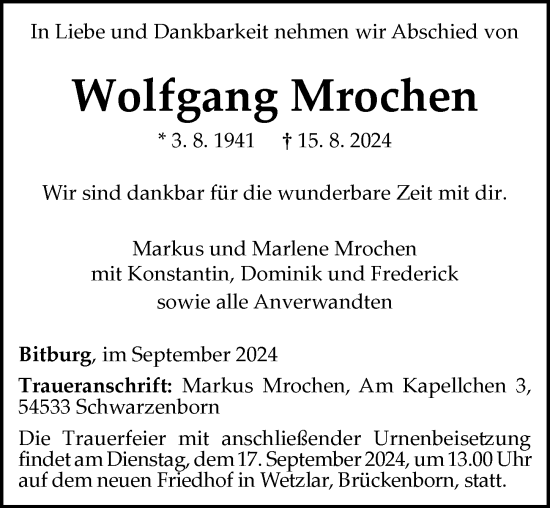 Traueranzeige von Wolfgang Mrochen von Wetzlarer Neue Zeitung