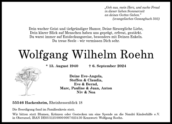Traueranzeige von Wolfgang Wilhelm Roehn von Allgemeine Zeitung Rheinhessen-Nahe