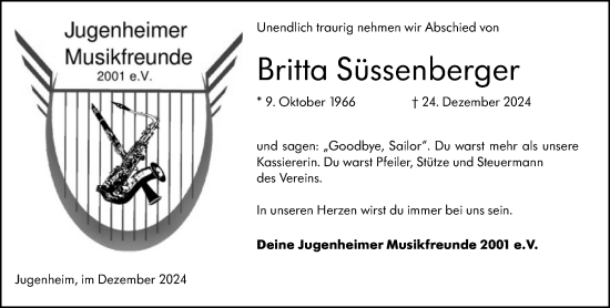 Traueranzeige von Britta Süssenberger von Allgemeine Zeitung Mainz