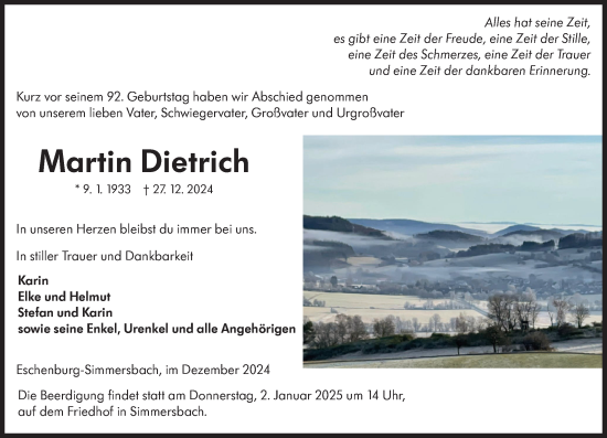 Traueranzeige von Martin Dietrich von Dill Block