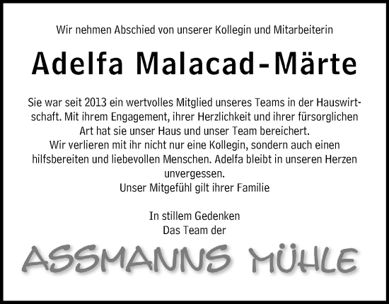 Traueranzeige von Adelfa Malacad-Märte von Hinterländer Anzeiger