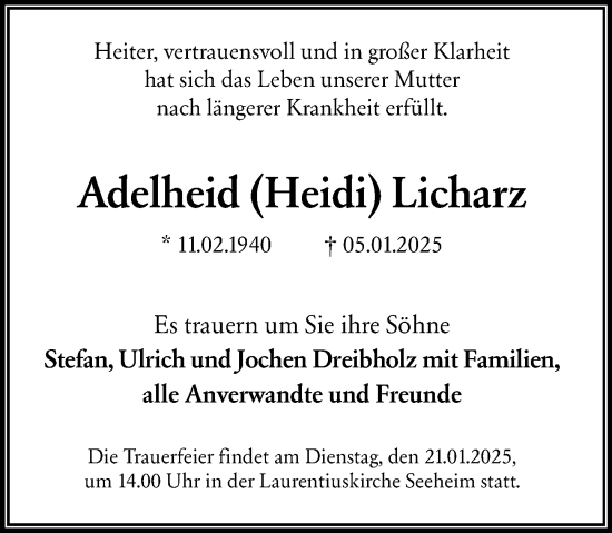Traueranzeige von Adelheid Licharz von Darmstädter Echo
