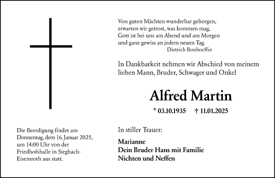 Traueranzeige von Alfred Martin von Dill Block