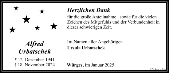 Traueranzeige von Alfred Urbatschek von Camberger Anzeiger
