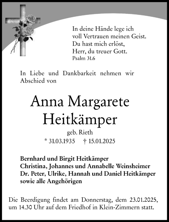 Traueranzeige von Anna Margarete Heitkämper von Darmstädter Echo