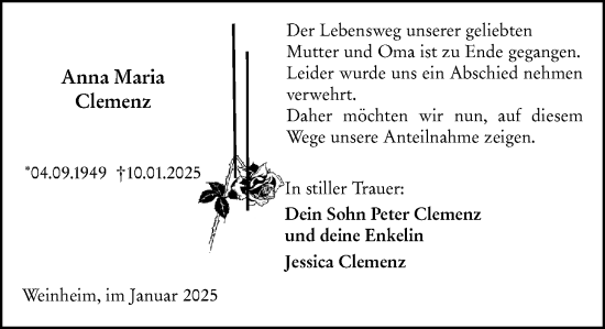 Traueranzeige von Anna Maria Clemenz von Alzeyer Wochenblatt