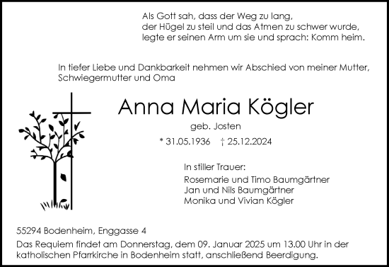Traueranzeige von Anna Maria Kögler von Allgemeine Zeitung Mainz