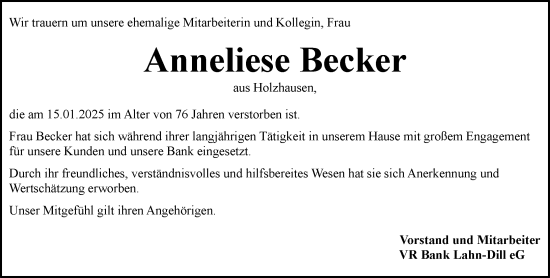 Traueranzeige von Anneliese Becker von Hinterländer Anzeiger