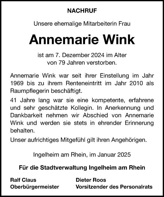 Traueranzeige von Annemarie Wink von Allgemeine Zeitung Rheinhessen-Nahe