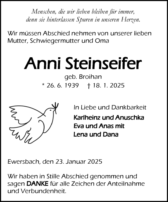 Traueranzeige von Anni Steinseifer von Dill Block