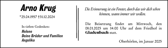 Traueranzeige von Arno Krug von Hinterländer Anzeiger