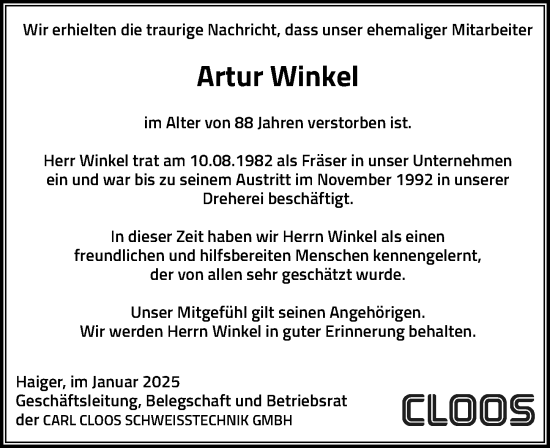 Traueranzeige von Artur Winkel von Dill Block