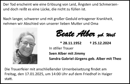 Traueranzeige von Beate Alber von Dill Block