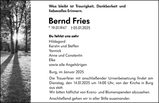 Traueranzeige von Bernd Fries von Dill Block
