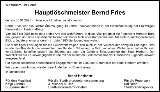 Traueranzeige von Bernd Fries von Dill Block