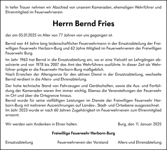 Traueranzeige von Bernd Fries von Dill Block