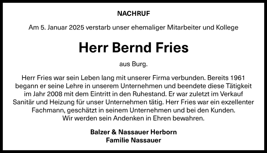 Traueranzeige von Bernd Fries von Dill Block