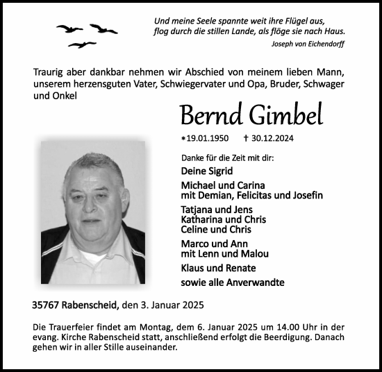 Traueranzeige von Bernd Gimbel von Dill Block