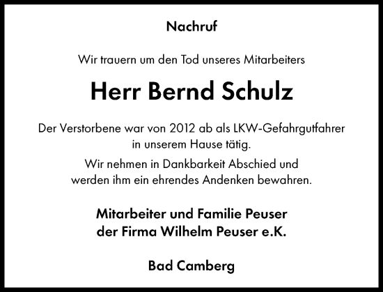 Traueranzeige von Bernd Schulz von Camberger Anzeiger