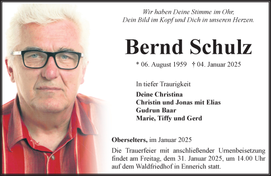Traueranzeige von Bernd Schulz von Camberger Anzeiger