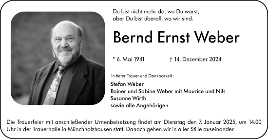 Traueranzeige von Bernd Ernst Weber von Wetzlarer Neue Zeitung