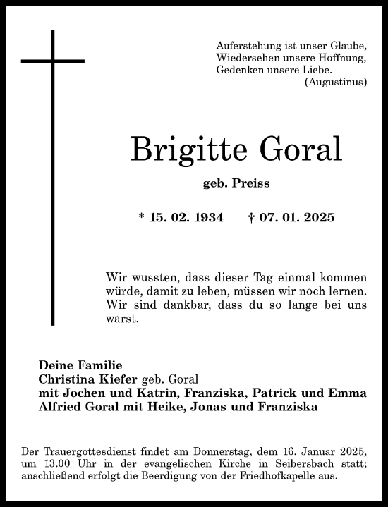 Traueranzeige von Brigitte Goral von Allgemeine Zeitung Rheinhessen-Nahe