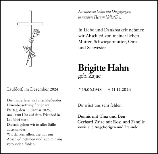 Traueranzeige von Brigitte Hahn von Wetzlarer Neue Zeitung
