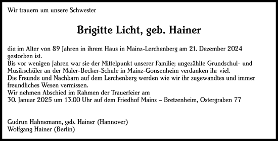 Traueranzeige von Brigitte Licht von Allgemeine Zeitung Mainz