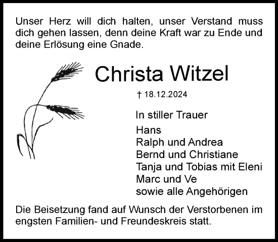 Traueranzeige von Christa Witzel von Dieburger Anzeiger/Groß-Zimmerner Lokal-Anzeiger