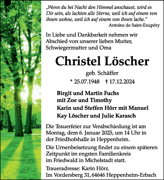 Traueranzeige von Christel Löscher von Starkenburger Echo