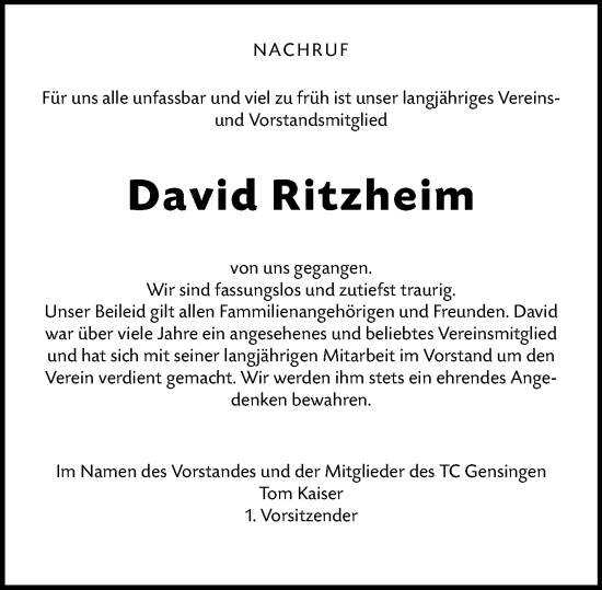 Traueranzeige von David Ritzheim von Allgemeine Zeitung Rheinhessen-Nahe