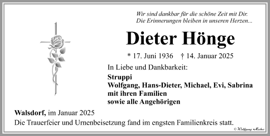 Traueranzeige von Dieter Hönge von Camberger Anzeiger