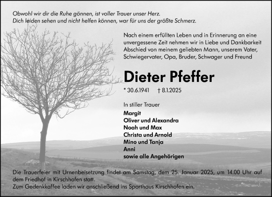 Traueranzeige von Dieter Pfeffer von Weilburger Tageblatt