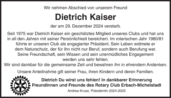 Traueranzeige von Dietrich Kaiser von Odenwälder Echo