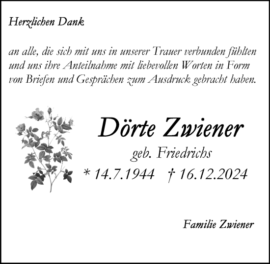 Traueranzeige von Dörte Zwiener von Rüsselsheimer Echo