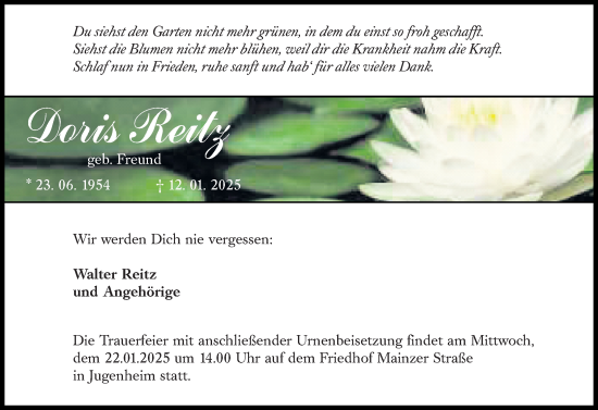Traueranzeige von Doris Reitz von Allgemeine Zeitung Mainz