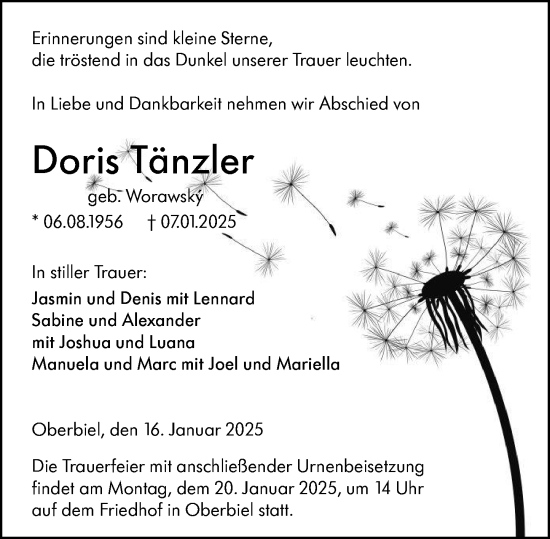 Traueranzeige von Doris Tänzler von Wetzlarer Neue Zeitung