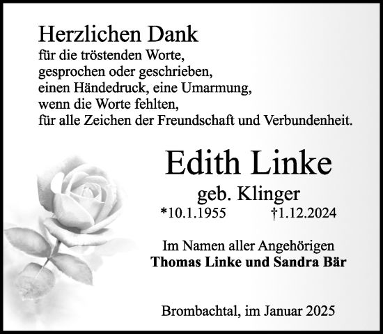 Traueranzeige von Edith Linke von Odenwälder Echo