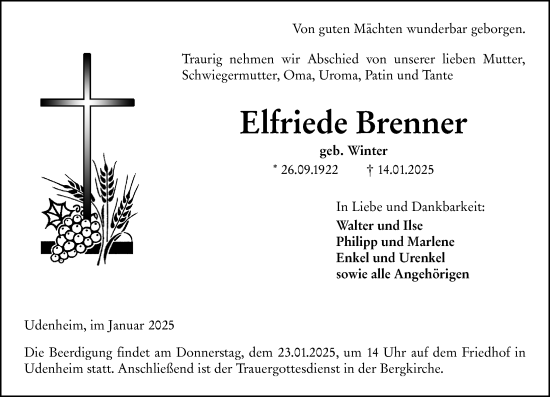 Traueranzeige von Elfriede Brenner von Allgemeine Zeitung Alzey
