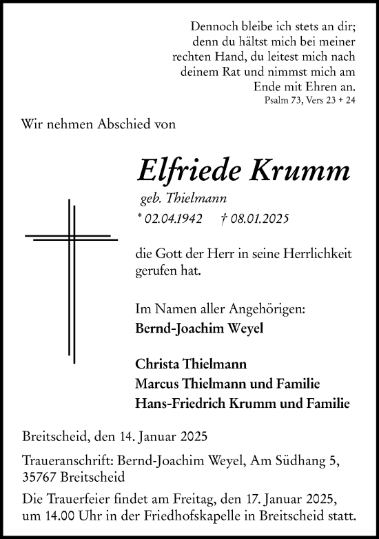 Traueranzeige von Elfriede Krumm von Dill Block