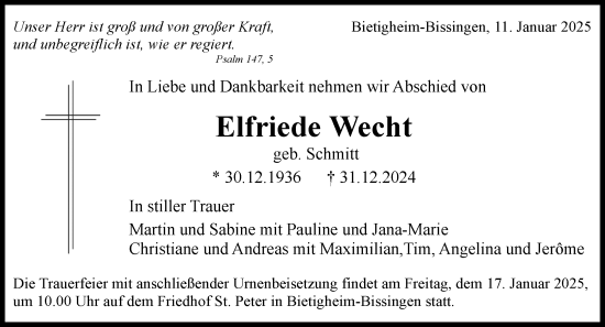 Traueranzeige von Elfriede Wecht von Darmstädter Echo